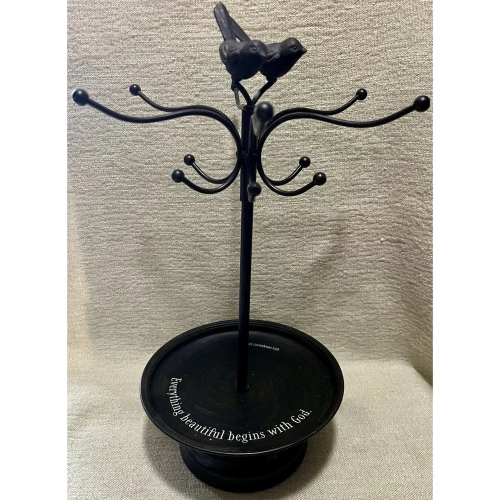 DaySpring Black Metal Jewelry Tree Stand Bird Finial Everything Beautiful 57647